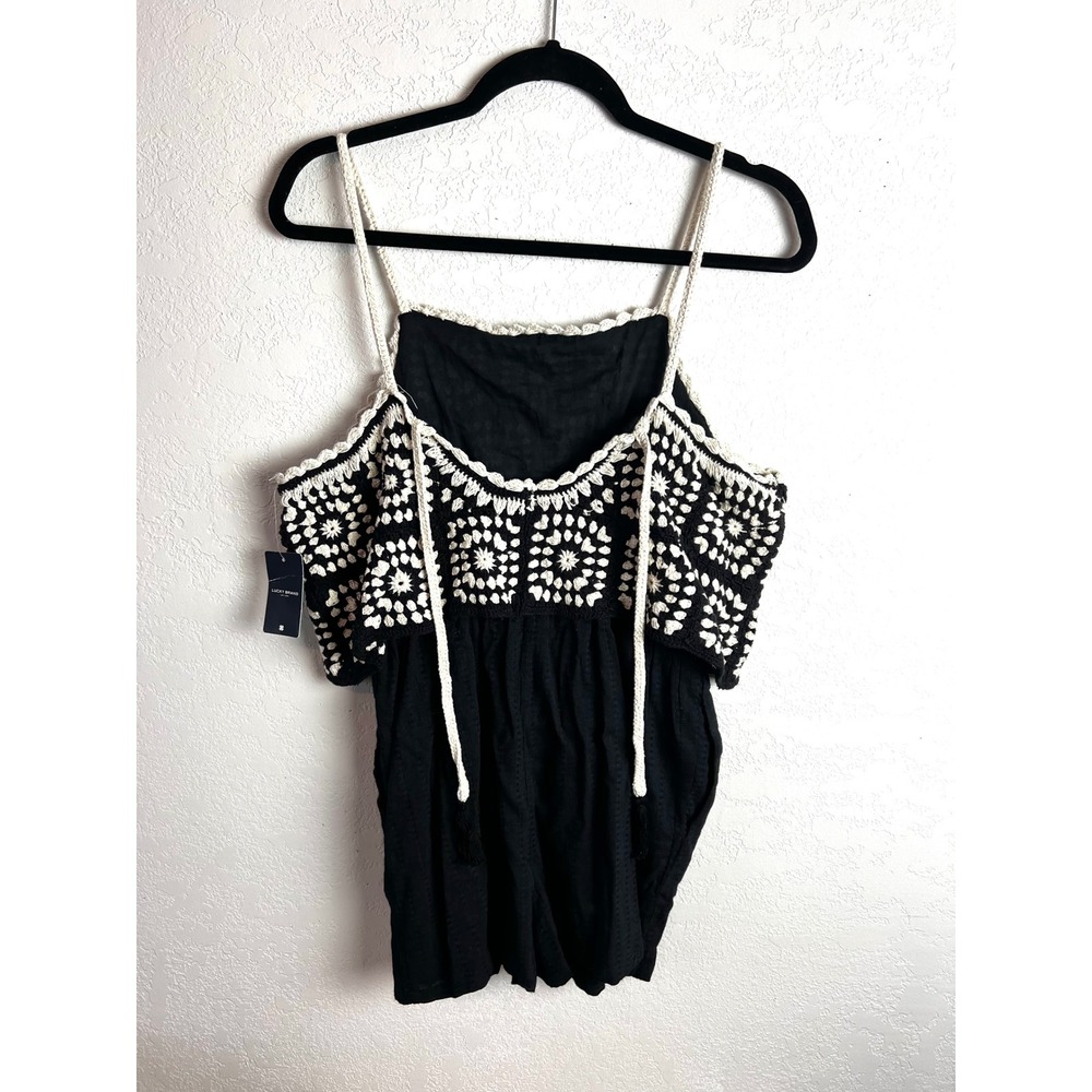 Lucky Brand Navy White Crocheted Romper Size Small Granny Squares One Piece NEW - Picture 8 of 13
